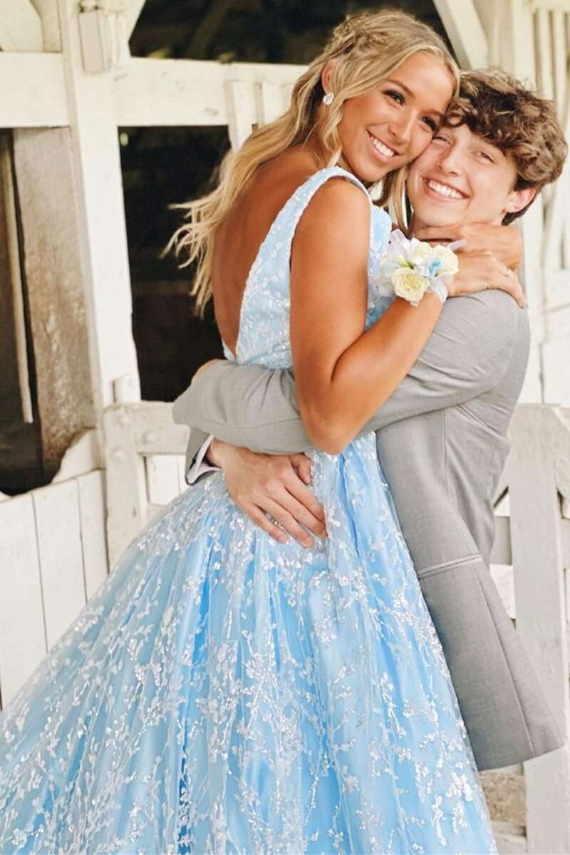 Robe de bal princesse bleu clair en dentelle, décolleté en V, dos nu, coupe trapèze, WD5763