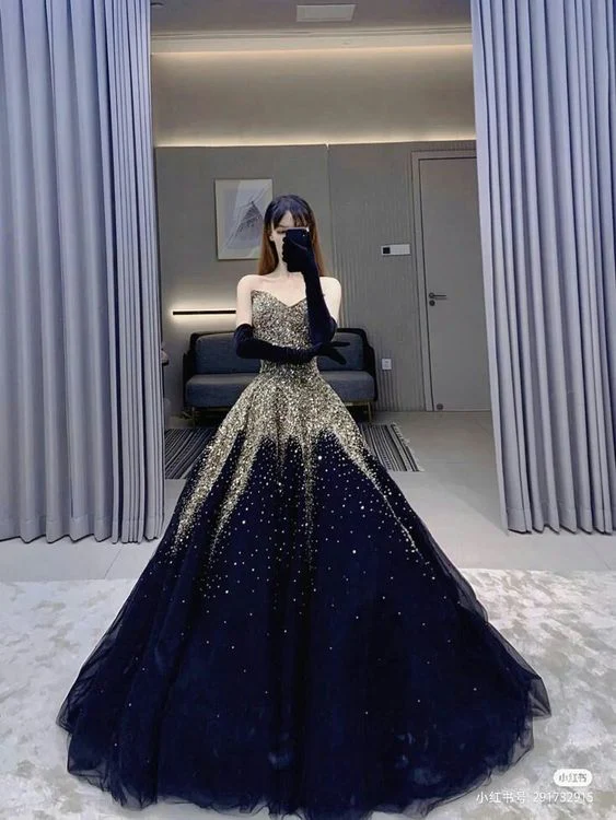Robe de soirée élégante à épaules dénudées, bleu et noir, à paillettes scintillantes, fendue sur le côté, DS9601