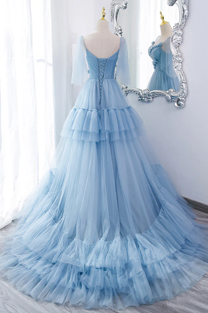 Robe de soirée longue en tulle bleu, coupe trapèze, DS9595