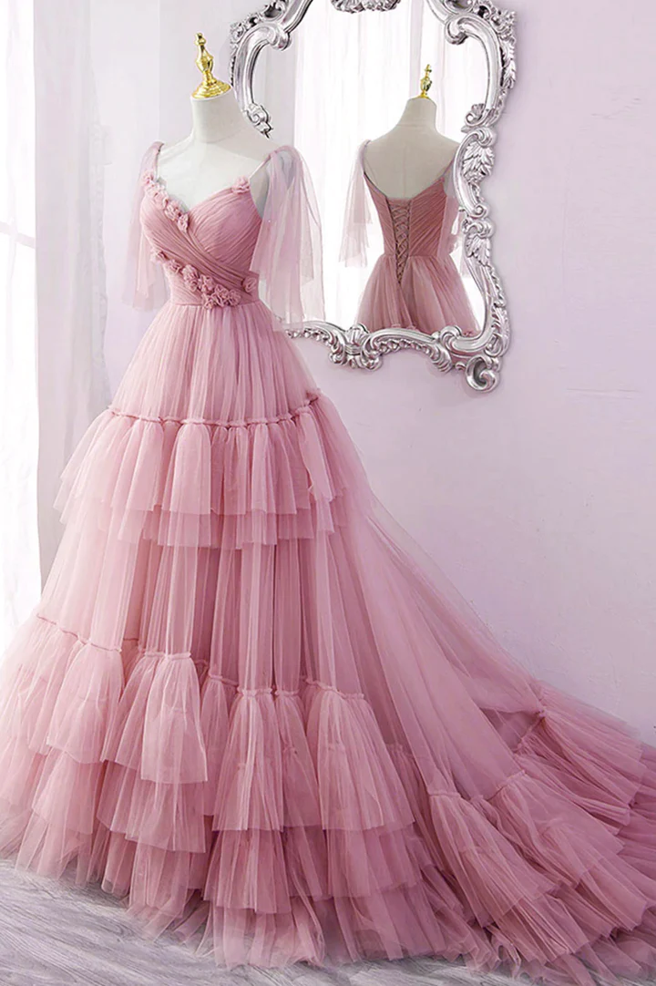 Robe de soirée longue en tulle bleu, coupe trapèze, DS9595