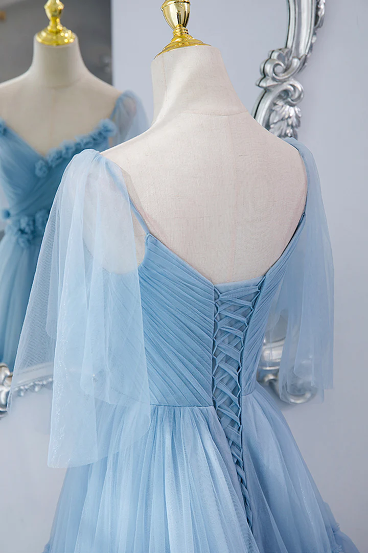 Robe de soirée longue en tulle bleu, coupe trapèze, DS9595