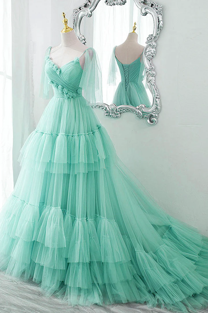 Robe de soirée longue en tulle bleu, coupe trapèze, DS9595