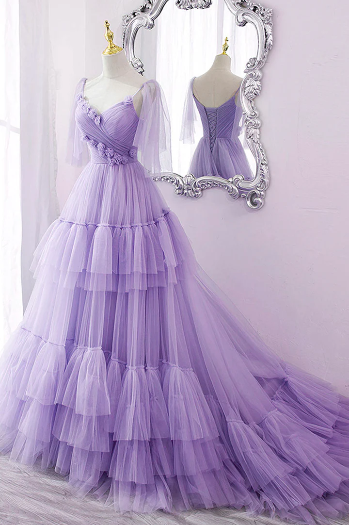 Robe de soirée longue en tulle bleu, coupe trapèze, DS9595