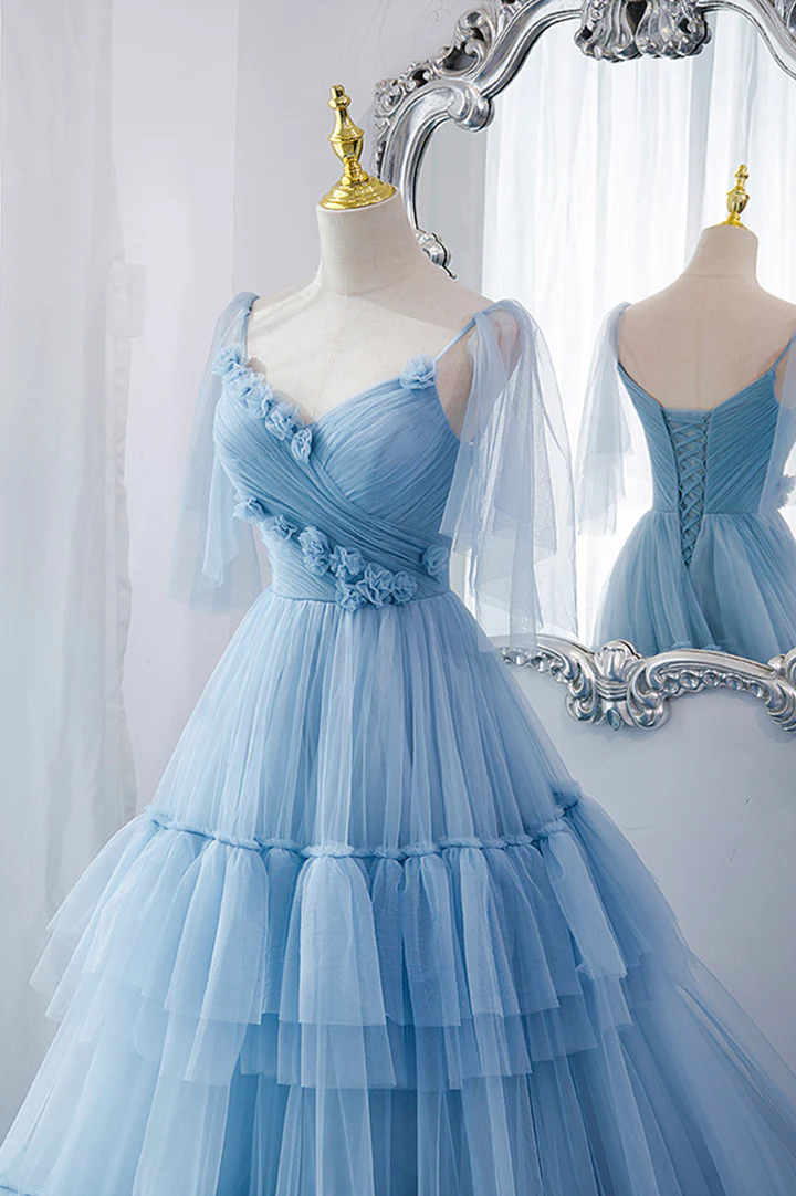 Robe de soirée longue en tulle bleu, coupe trapèze, DS9595