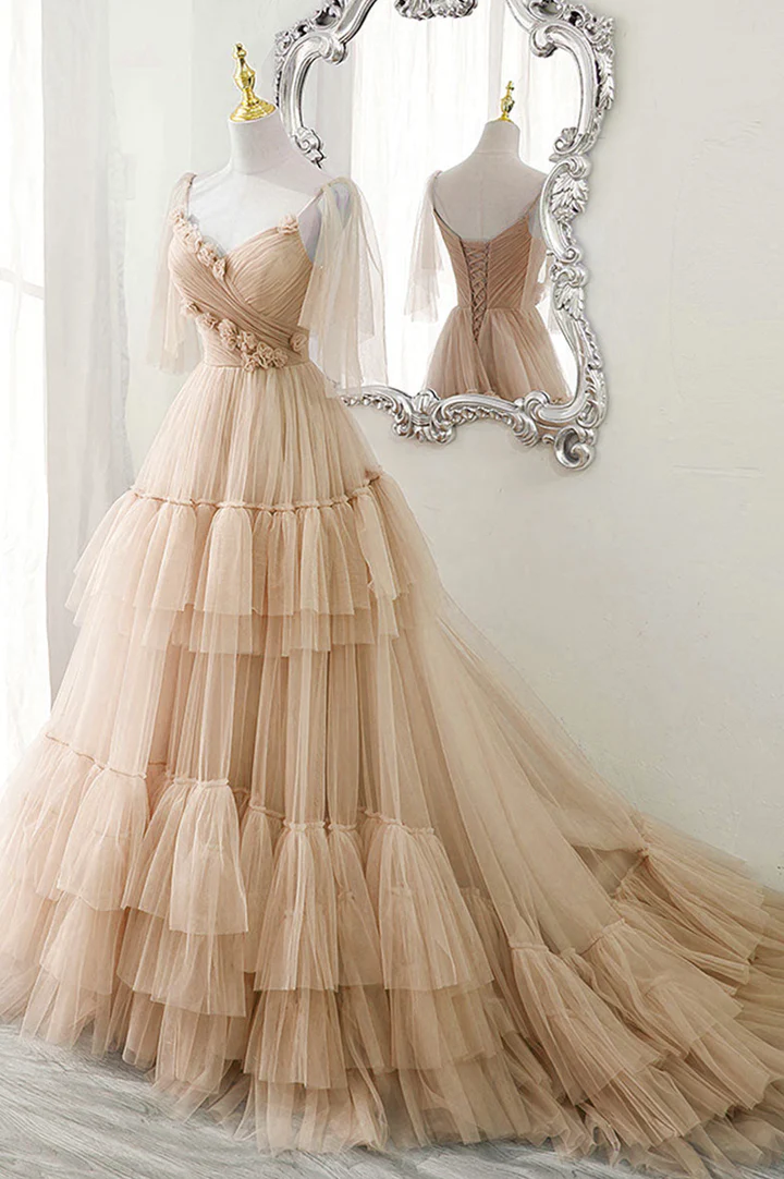 Robe de soirée longue en tulle bleu, coupe trapèze, DS9595