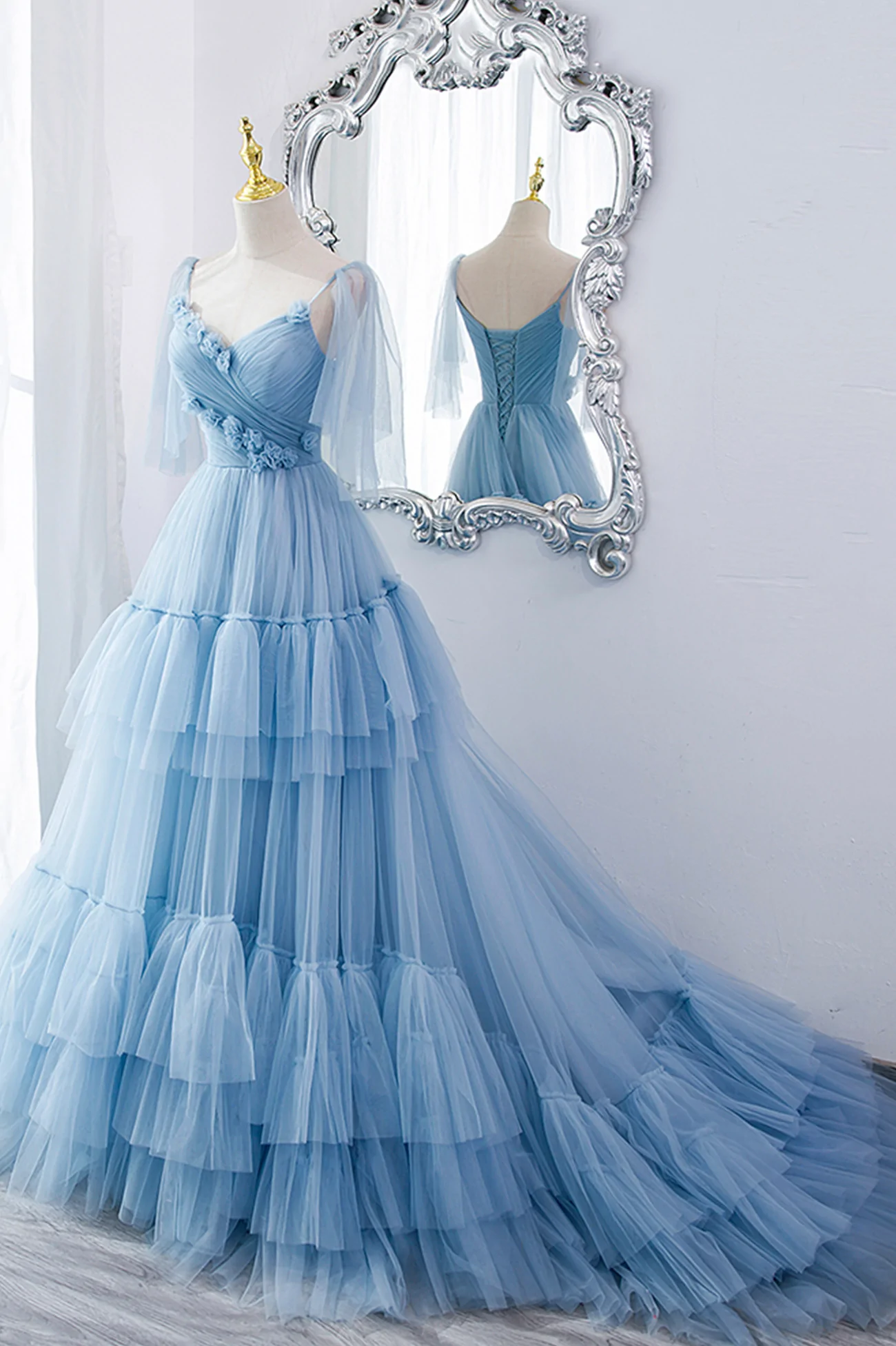 Robe de soirée longue en tulle bleu, coupe trapèze, DS9595