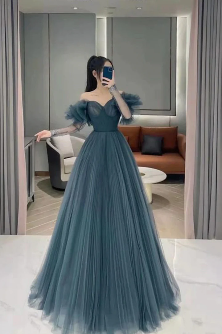 Blaues langes Ballkleid aus Tüll in A-Linie, DS9589