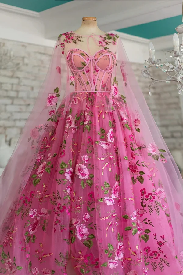 Atemberaubendes A-Linien-Ballkleid mit langen Ärmeln und Blumenmuster aus Tüll, formelles Abendkleid, DS9585