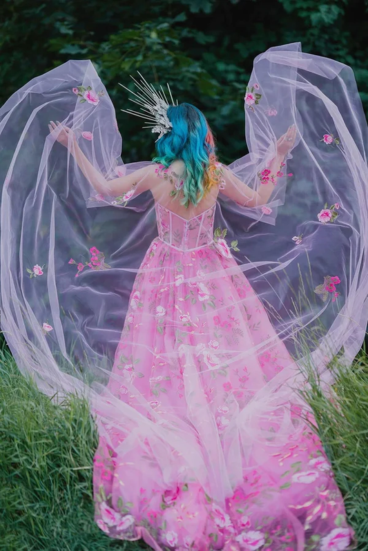 Superbe robe de soirée trapèze à manches longues en tulle fleuri, DS9585