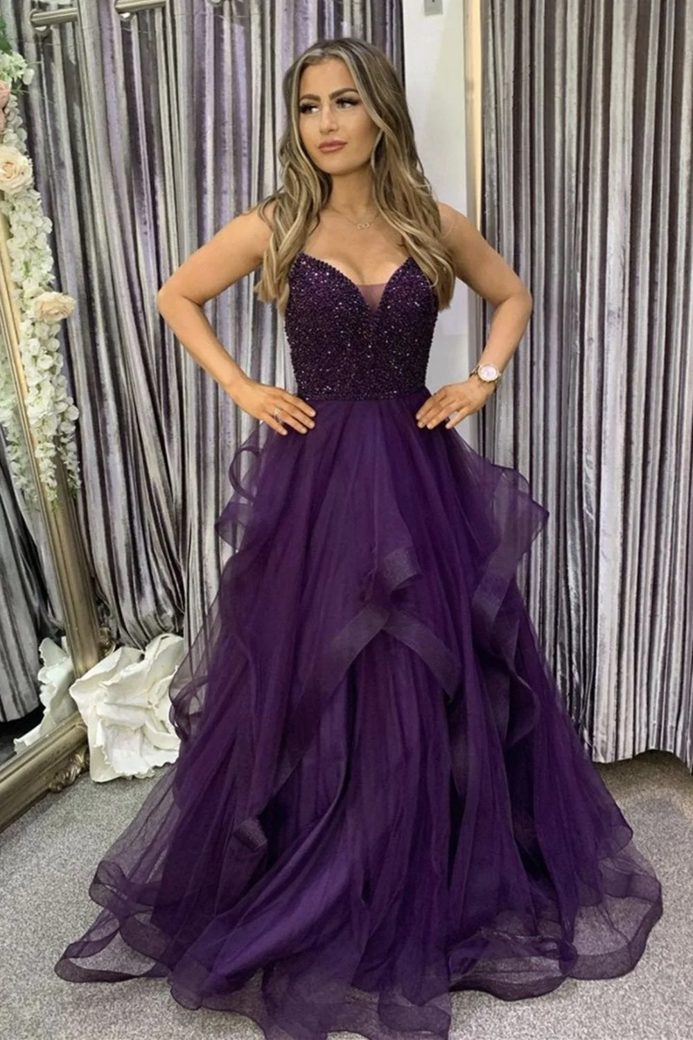 purple fluffy dress Fluffy A-line V neck Tulle Purple Formal Prom Dress with Beading,Party – DSProm