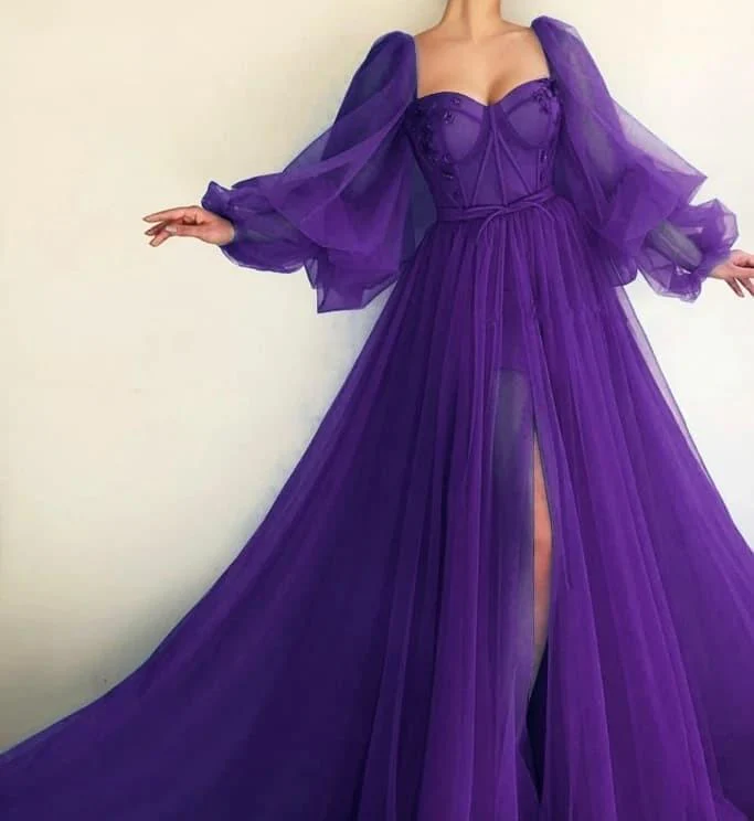 Langes rückenfreies Ballkleid aus Tüll mit Puffärmeln, CD3174