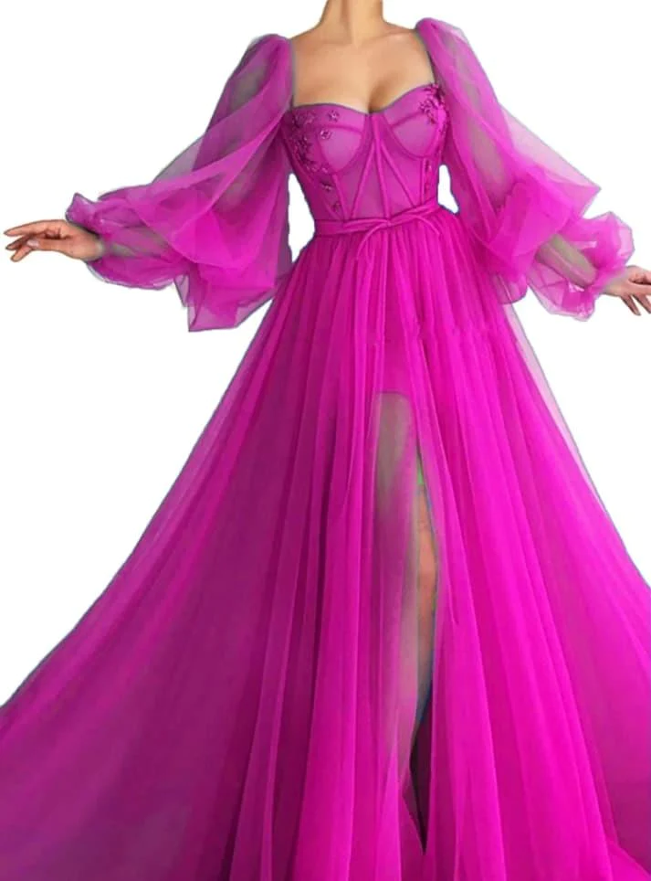 Langes rückenfreies Ballkleid aus Tüll mit Puffärmeln, CD3174