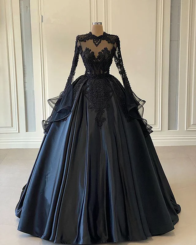 Ballkleid Schwarz Lange Ärmel Spitze Ballkleider,Perlenbesetzte Abendkleider,BD1484