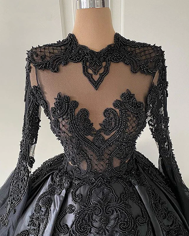 Ballkleid Schwarz Lange Ärmel Spitze Ballkleider,Perlenbesetzte Abendkleider,BD1484
