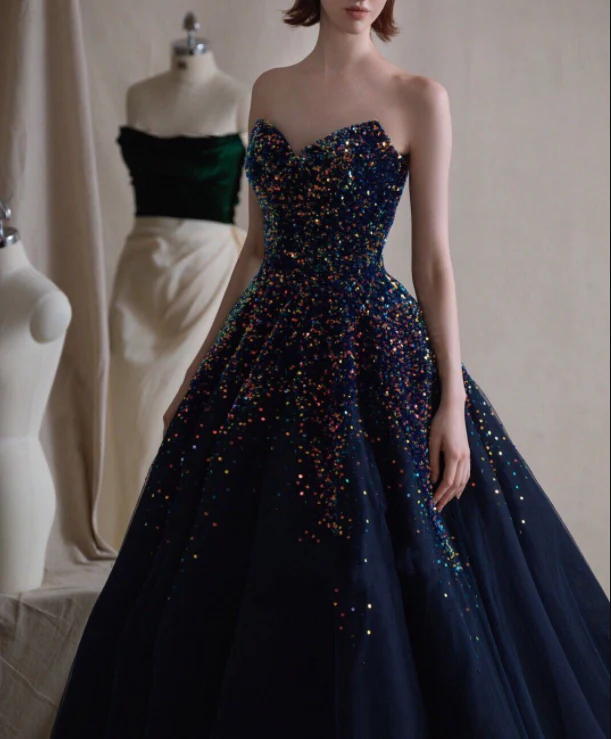 Luxurious A Line Sweetheart Navy Blue Long Prom/Evening Dress with Bea DSProm Luxurious A Line Sweetheart Navy Blue Long Prom/Evening Dress with Bea DSProm