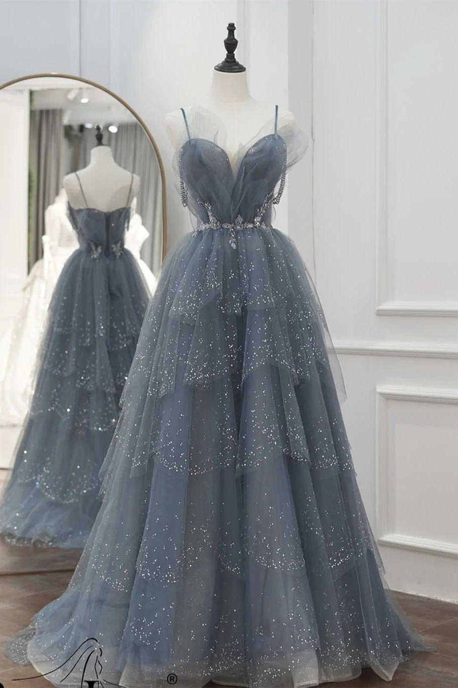 A-Linie Prinzessin Grau Perlenbesetzt Langes Abendkleid,DS0377