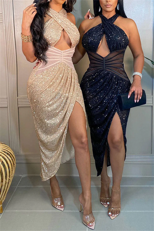 Robe sexy patchwork à paillettes ajourées, dos nu, sans manches, DS14014