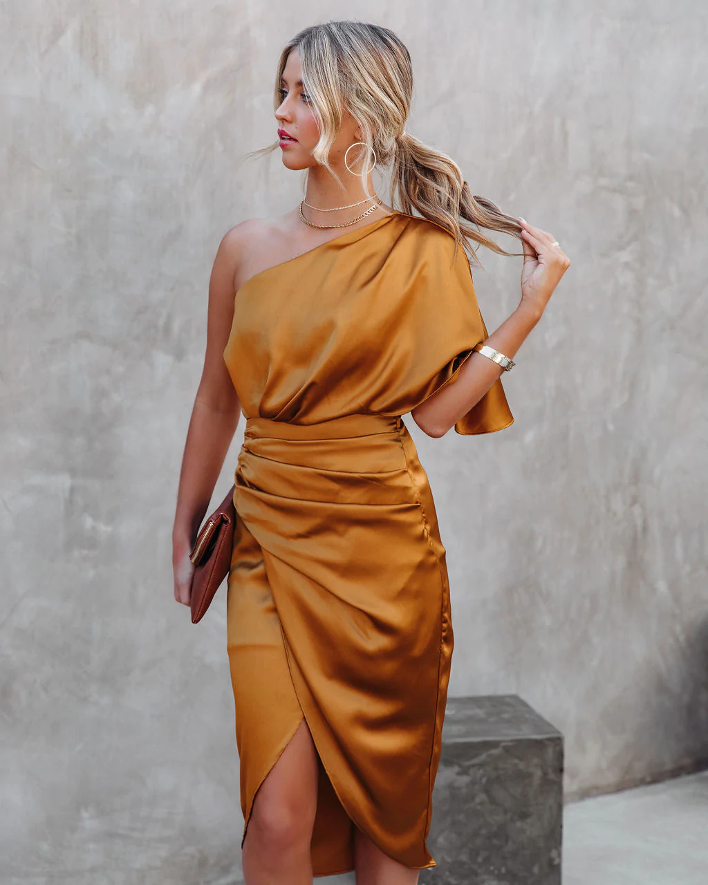 Midi-Kleid für Hochzeitsgäste mit Schlitz und einer Schulter, DS12114