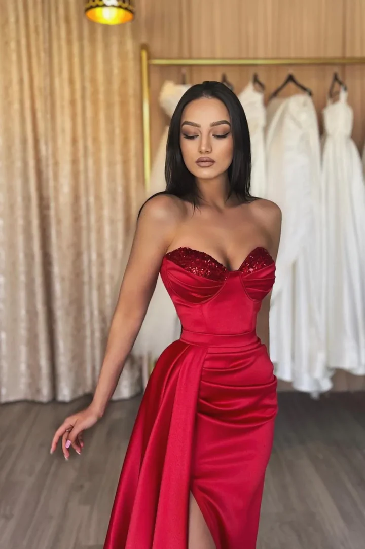 Robe de bal longue en satin rouge à paillettes, robe de soirée rouge, DS4494
