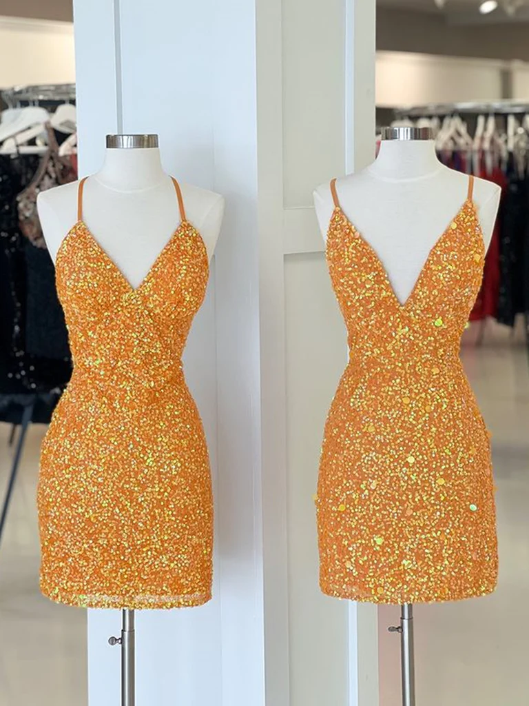 Kurze orangefarbene Ballkleider mit V-Ausschnitt, kurze orangefarbene formelle Homecoming-Kleider mit offenem Rücken und V-Ausschnitt, DS4526