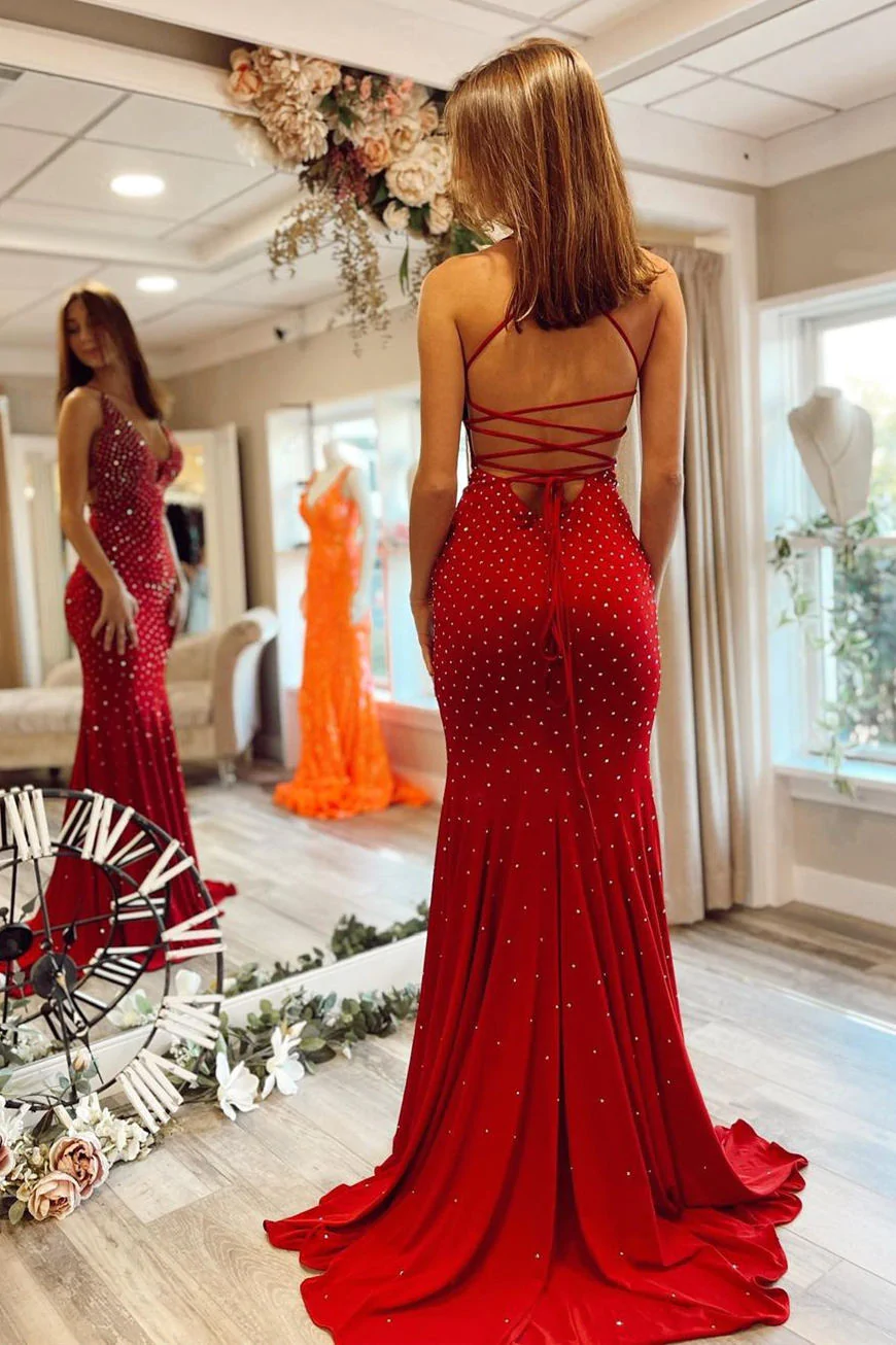 Robe de bal sirène rouge élégante avec strass, DS4530