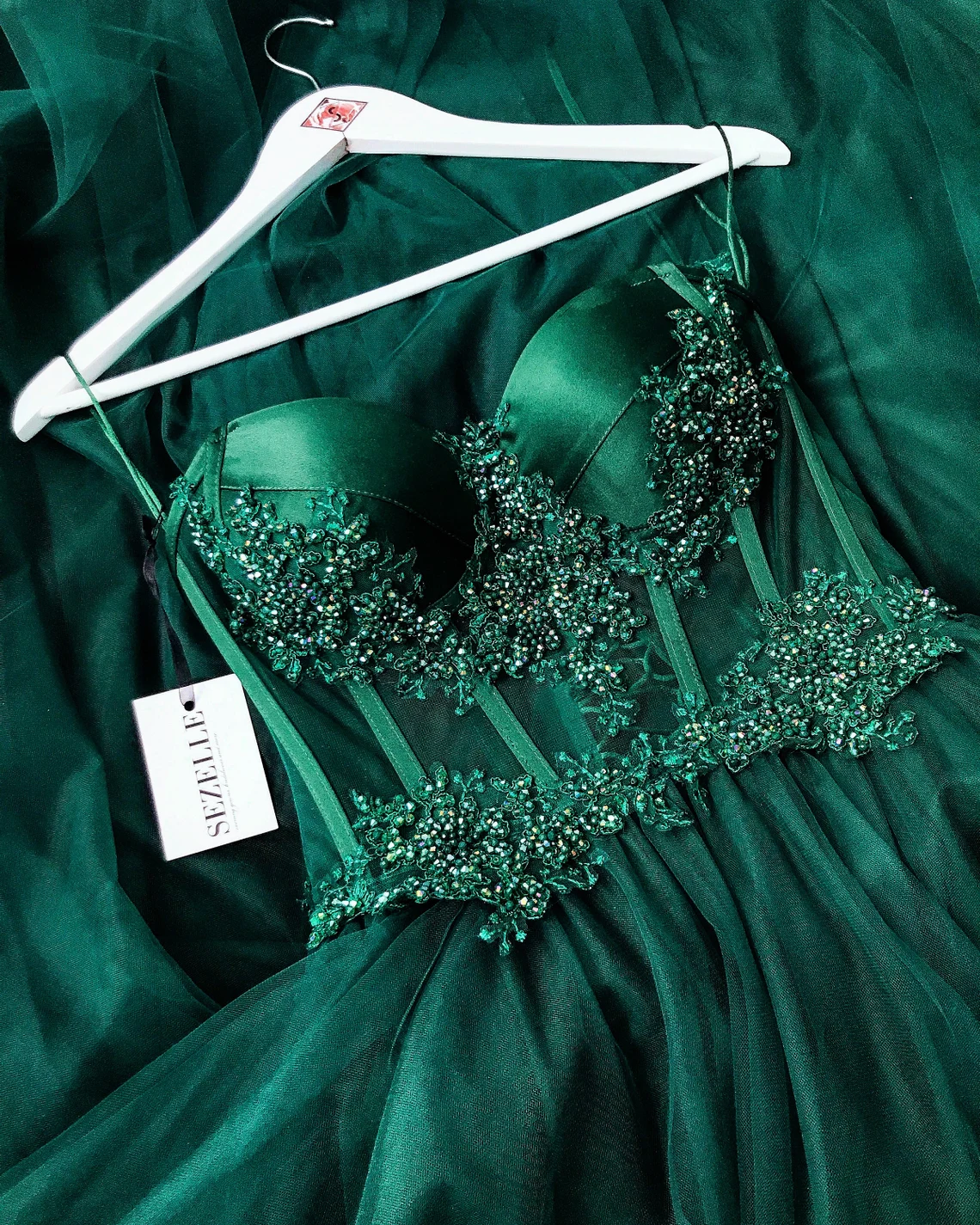Smaragdgrünes Korsett-Tüll-Ballkleid, Abendkleid, Hochzeitskleid, Cocktailkleid, herzförmiger Ausschnitt, Perlenspitze, Brautkleid, DS4532