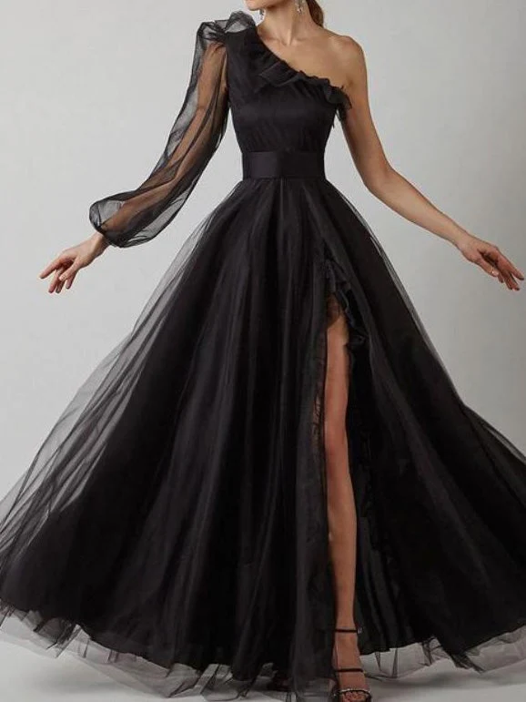 Damen Kleider Schräge Schulter Langarm Split Abendkleid, DS4653