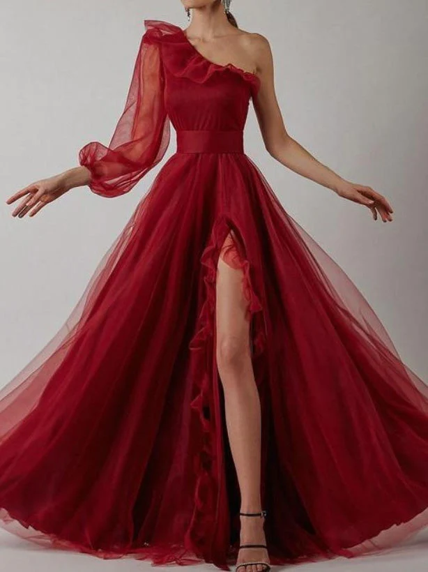 Damen Kleider Schräge Schulter Langarm Split Abendkleid, DS4653
