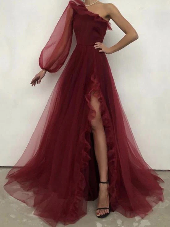 Damen Kleider Schräge Schulter Langarm Split Abendkleid, DS4653
