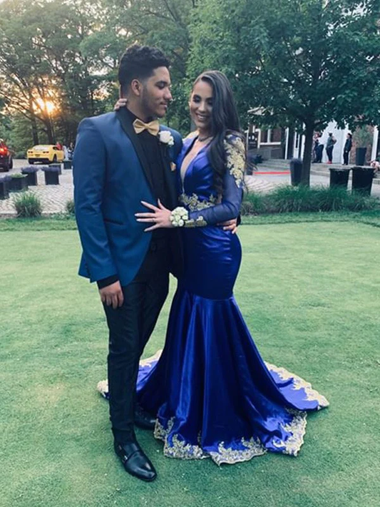 Trompeten-/Meerjungfrauen-Kleid, lange Ärmel, seidenartiger Satin, V-Ausschnitt, Applikationen, Sweep/Pinselzug, Ball-/Partykleider, DS4836