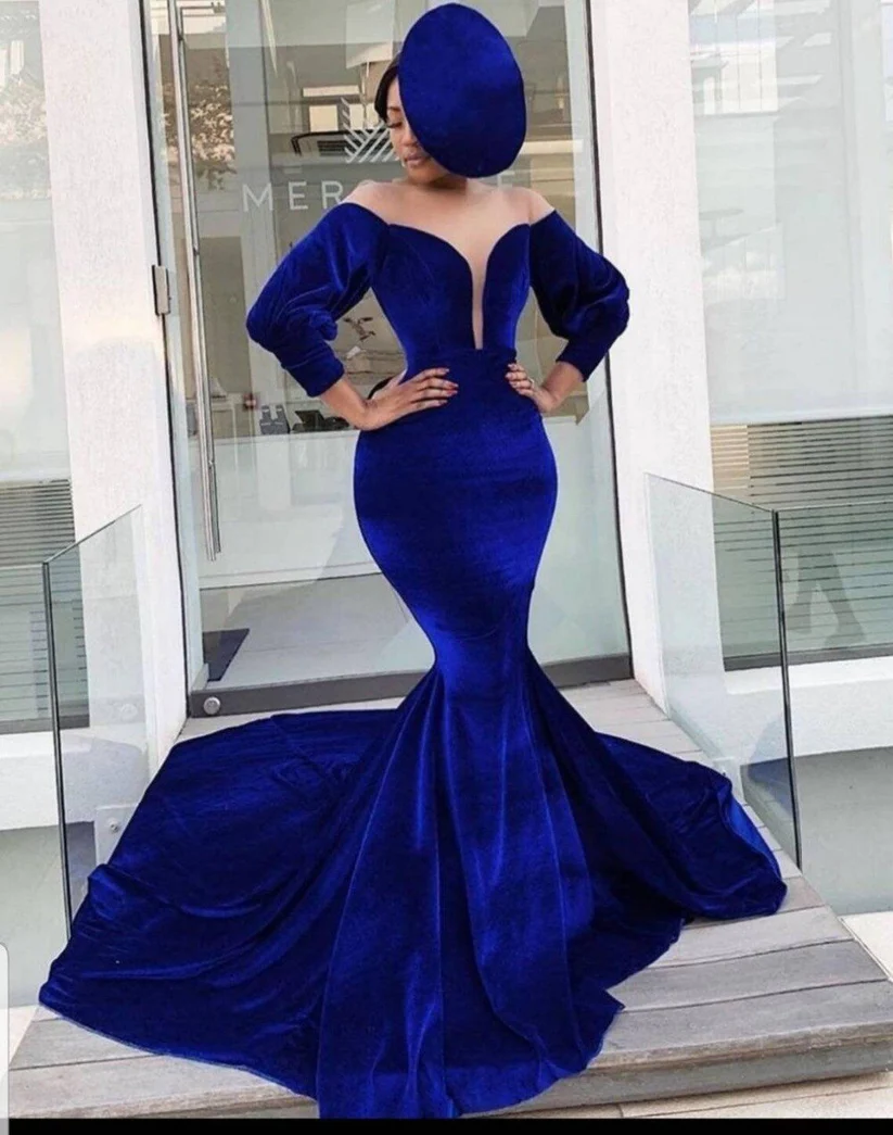 Königsblaues Samt-Meerjungfrauen-Ballkleid mit 3/4-Ärmeln und transparentem Hals, formelles Abendkleid, Partykleid, DS4875