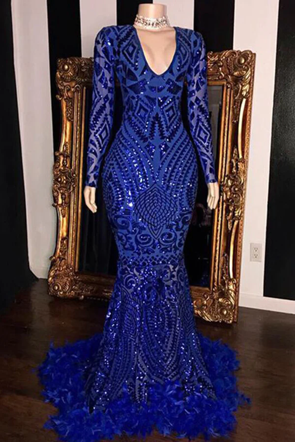 Robe de soirée longue bleu roi style sirène, col en V, manches longues, DS4882