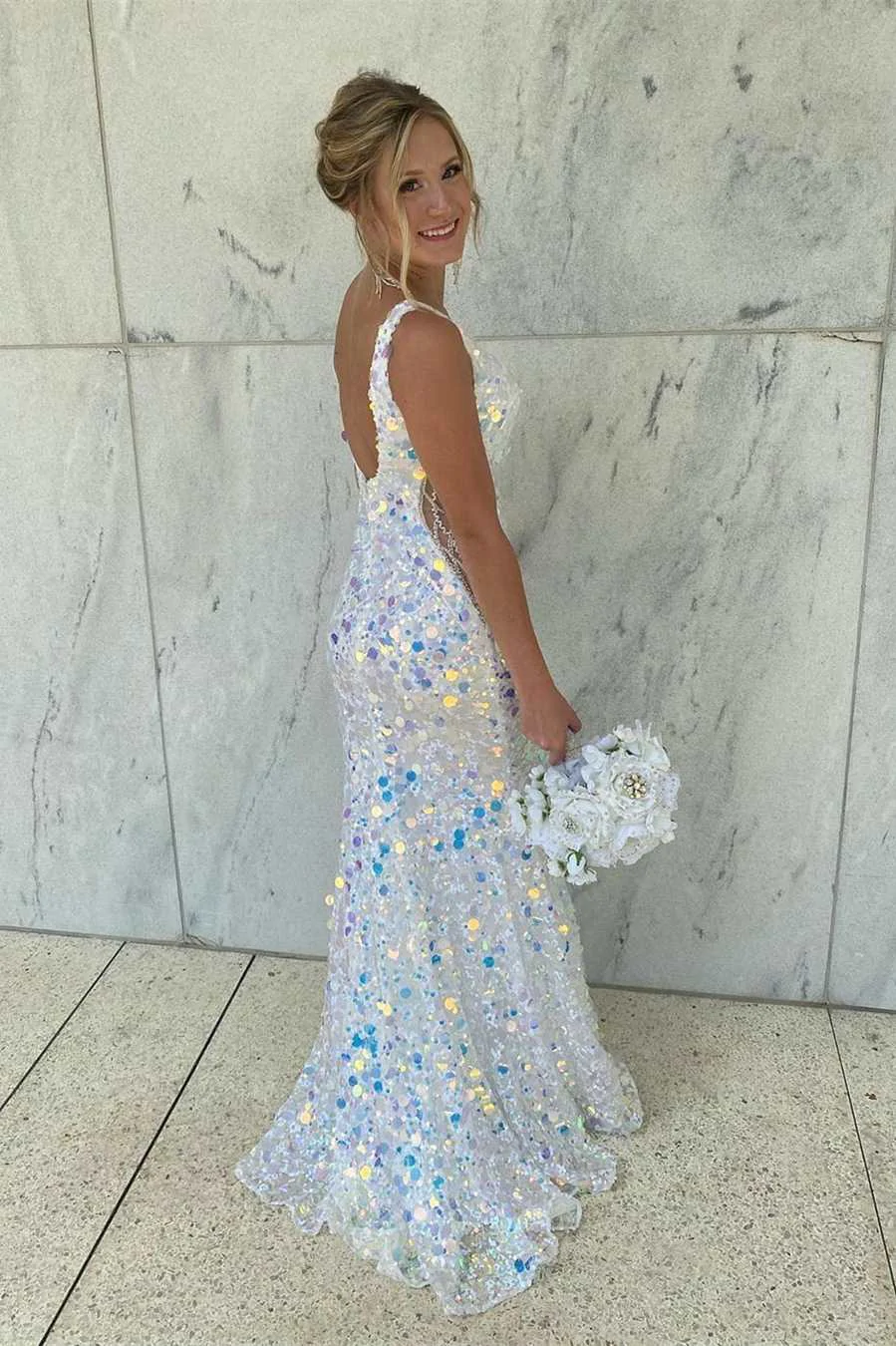 Mermaid V-Neck Sequined Long Prom Dress,DS4908