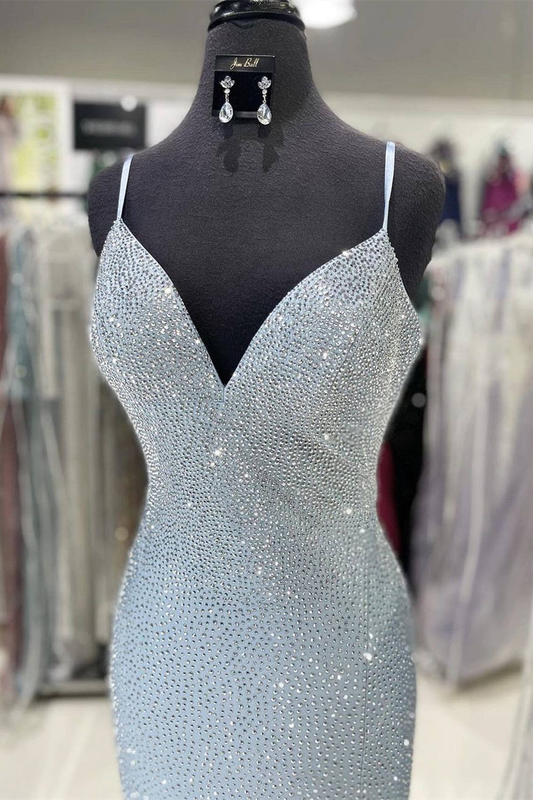 Robe longue bleu clair à bretelles spaghetti et fente latérale, DS4921