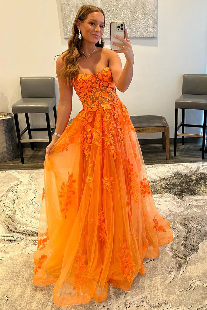 A-Linie Trägerloses Orange Spitzenapplikationen Abschlussballkleid, DS5000