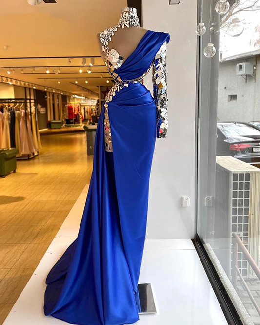 Robe de soirée à col haut et manches longues en cristal, bleu royal, modeste, unique, luxueuse et sexy, DS5008