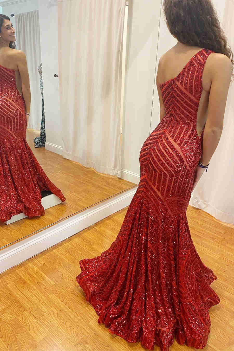 Meerjungfrau One-Shoulder-Rot Langes Ballkleid, DS5020