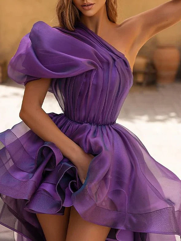 Robe de soirée trapèze sexy, asymétrique, asymétrique, asymétrique, sans manches, en organza, avec volants, couleur unie, DS5037