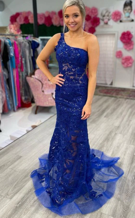 Langes, tailliertes One-Shoulder-Kleid mit transparenter Paillettenspitze, Ballkleid, Festzugskleid, DS5055
