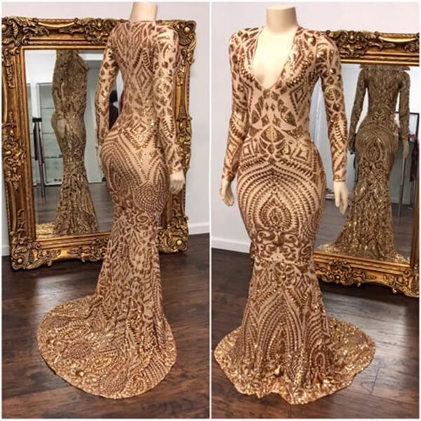 Robe de soirée longue bleu roi style sirène, col en V, manches longues, DS4882