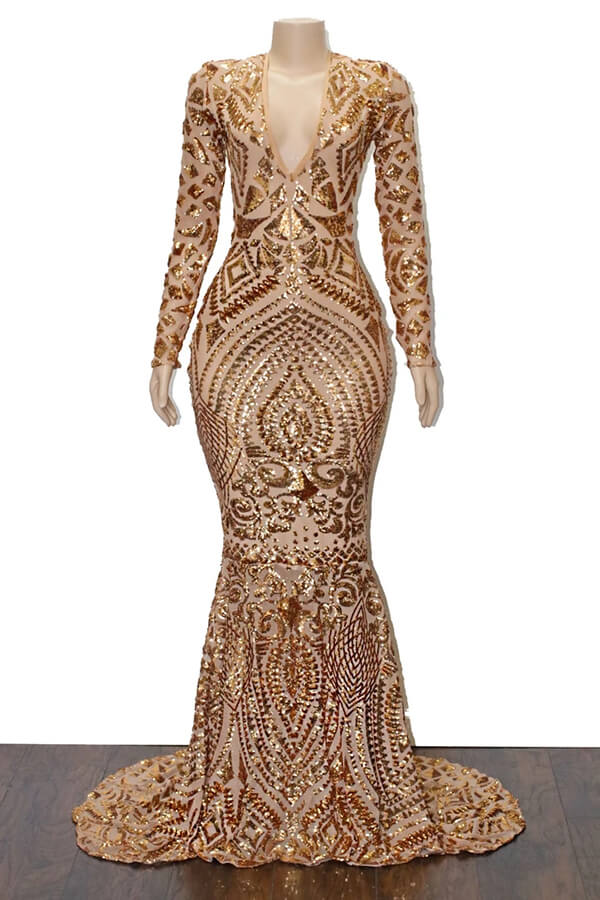 Robe de soirée longue bleu roi style sirène, col en V, manches longues, DS4882