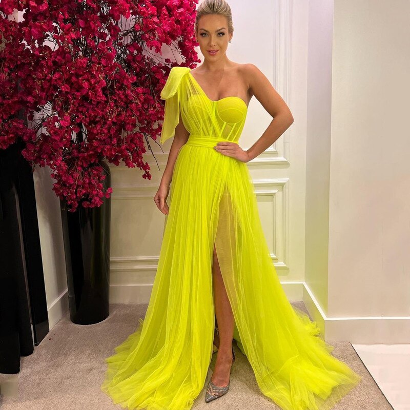 Lemon Yellow Prom Dresses Long Sweep Side Split Tulle Evening Gowns fo DSProm Lemon Yellow Prom Dresses Long Sweep Side Split Tulle Evening Gowns fo DSProm