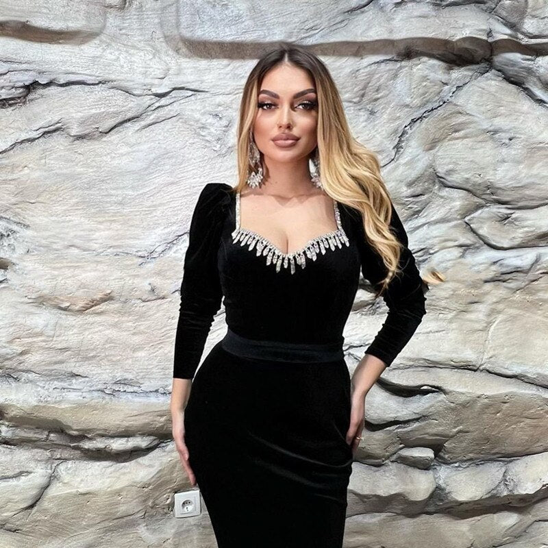 Robe de soirée sirène noire en velours doux pour femmes, col carré, manches longues, perles, robe de mariée, robe de bal trompette, 2022, LW011