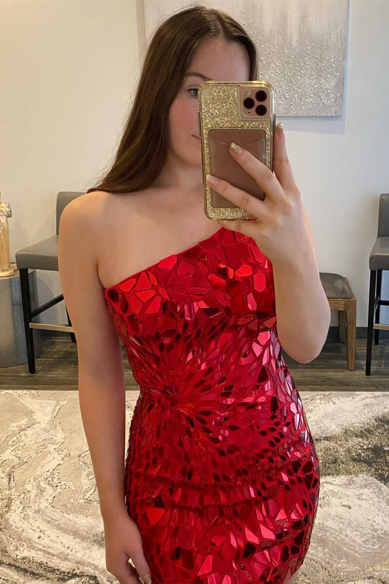 Heavy handwork!One-Shoulder Cut Glass Mirror Fitted Mini Homecoming Dr DSProm Heavy handwork!One-Shoulder Cut Glass Mirror Fitted Mini Homecoming Dr DSProm
