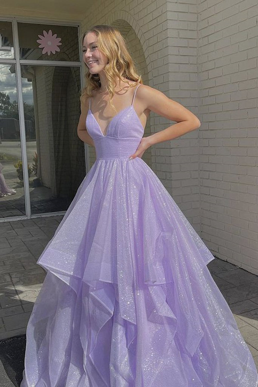 Robe de bal longue violette à paillettes brillantes et col en V, robe de soirée formelle violette et duveteuse, robe de bal violette scintillante, F04740