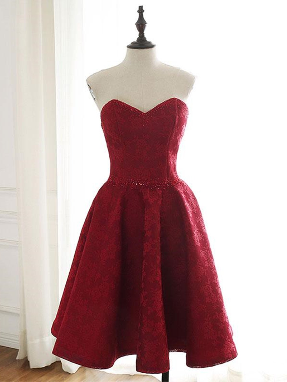 Sweetheart Neck Short Burgundy Lace Prom Dresses, Short Wine Red Lace Formal Evening Dresses,DS3077