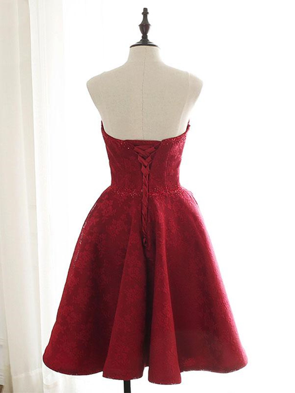 Sweetheart Neck Short Burgundy Lace Prom Dresses, Short Wine Red Lace Formal Evening Dresses,DS3077