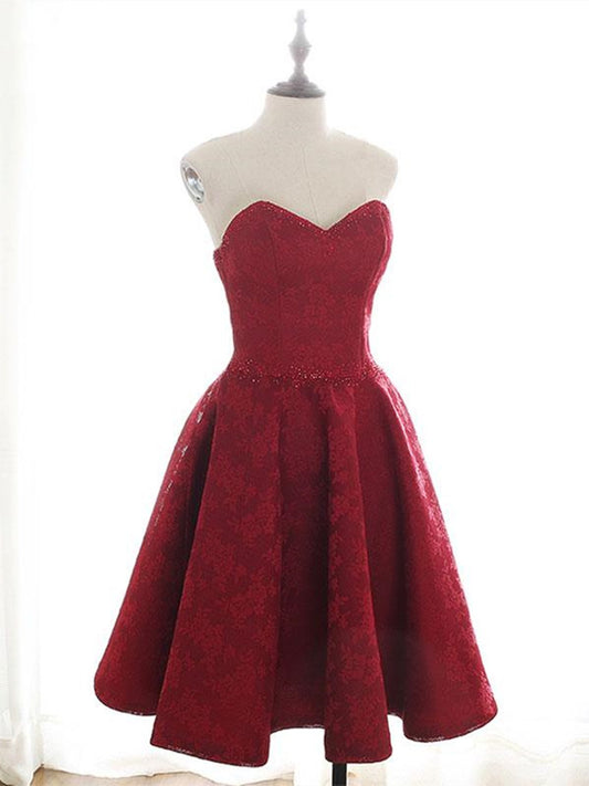 Sweetheart Neck Short Burgundy Lace Prom Dresses, Short Wine Red Lace Formal Evening Dresses,DS3077