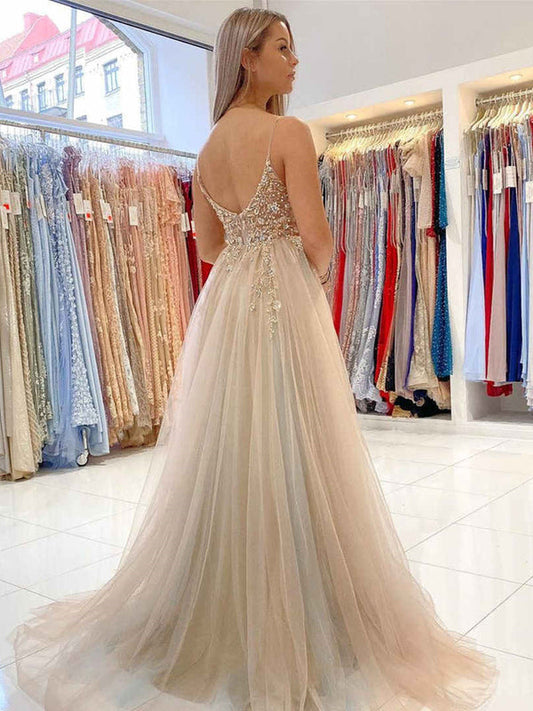 A Line V Neck Tulle Beaded Backless Long Prom Dresses With High Slit ,DS4559