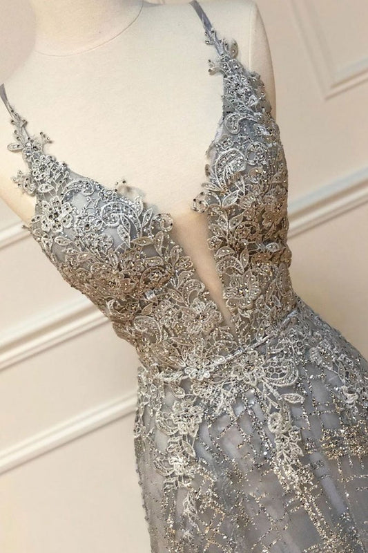 GRAY V NECK TULLE LACE LONG PROM DRESS GRAY EVENING DRESS .DS3052